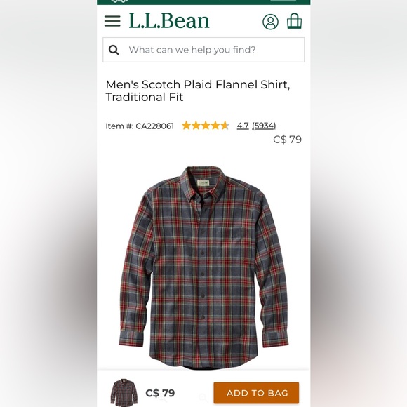 LL Bean Men's Scotch Plaid Flannel Shirt, Traditional Fit size X-LARGE tall - Picture 2 of 10